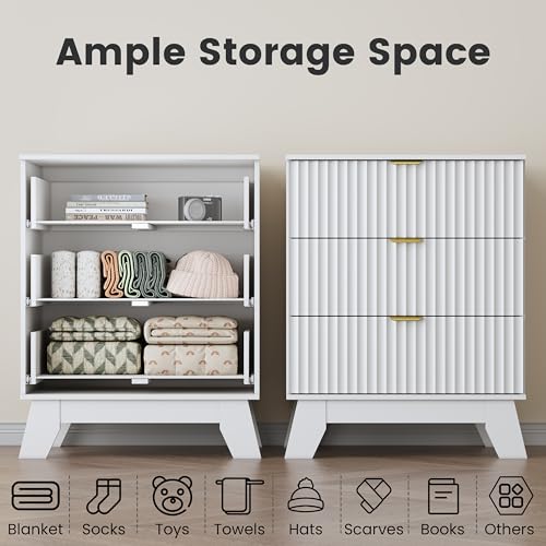 Night Stand Set 2, Bedside Table & End Table, Mid Century Modern Fluted Wood Nightstand with 3 Drawers & Metal Handles, Farmhouse Nightstand for Bedroom, White - color: White, style: 3 Drawers-2 PCS