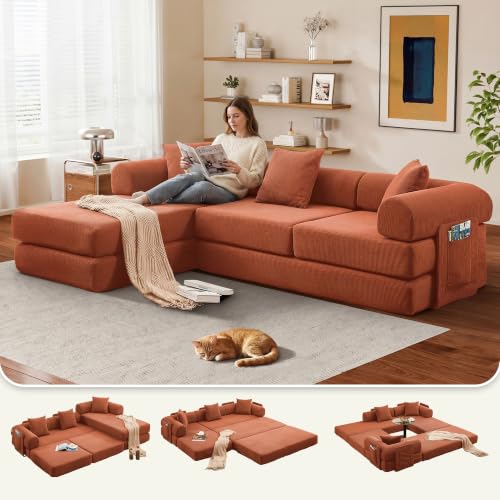107" Modular Sectional Sofa Bed, L-Shape Corduroy Boneless Couch, Orange | Sleeper Futon Sofa Bed, Boneless Couches for Living Room, Modular Couch with Storage, Pull Out Couch, No Assembly Required - color: Orange Corduroy