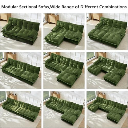 Deep Loveseat Couch with Ottomans,Modular Sectional 2 Seater Cloud Sofa with Ottoman,Tufted Chenille Double Chaise Sofas,Modern Lounger Couches for Living Room Small Spaces - color: Green, size: 2+2