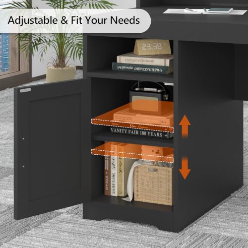 65" Farmhouse Computer Desk with Drawers and Printer Stand for Home Office | Office Desk with Power Outlets and Storage Cabinet, Study Writing Desks with Long Monitor Stand, Black - color: Black