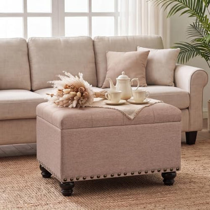 Ottoman with Storage, Fabric Ottoman Foot Rest 24" Rectangle Tufted Foot Stools Ottomans with Hinged Lid Upholstered Button Ottomans for Bedroom Living Room Entryway, Taupe - color: A-taupe