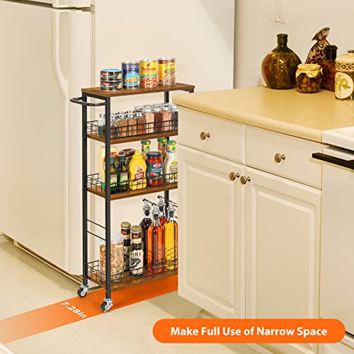 YBING Slim Storage Cart 4 Tier Narrow Kitchen Rolling Cart | Wooden Tabletop, Mobile Utility Stand on Wheels, For Bathroom Laundry Narrow Places, Rustic Brown 16.5"L x 7.3"W x 34.6"H - color: Browm