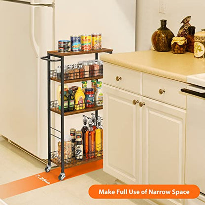 YBING Slim Storage Cart 4 Tier Narrow Kitchen Rolling Cart | Wooden Tabletop, Mobile Utility Stand on Wheels, For Bathroom Laundry Narrow Places, Rustic Brown 16.5"L x 7.3"W x 34.6"H - color: Browm
