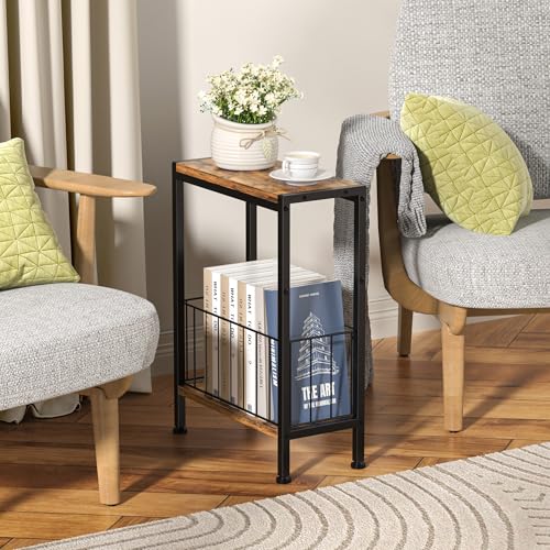 Narrow Side Table, Skinny End Tables with Magazine Holder, Small Sofa Table for Small Spaces, Space-Saving Design, Slim Nightstand Bedside Table for Living Room, Bedroom, Office, Rustic Brown - color: Rustic Brown