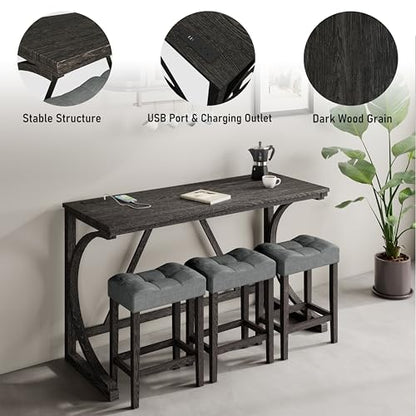 allamazing 4-Piece Counter High Bar Table Set with Socket and 3 Fabric Padded Bar Stools, Tall Kitchen Breakfast Nook with Stool, Black - color: 1+3 Black