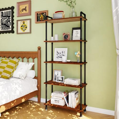 Industrial Bookshelf, Pipe Shelf Bookcase, 5 Tier, 30" Walnut | Solid pine shelves, 30 inch wide, black pipe frame, 35 lbs per shelf, open bookcase for books, plants, office - color: Walnut Brown, size: 30"L × 70"H