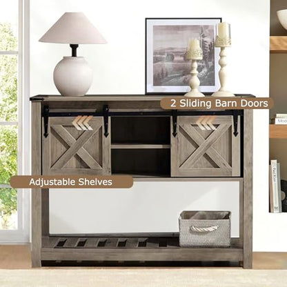 Farmhouse Entryway Table with Sliding Barn Doors, Wood Console Table with Storage Shelf, Rustic Sofa Table for Living Room, Entryway, Foyer, Grey - color: Grey