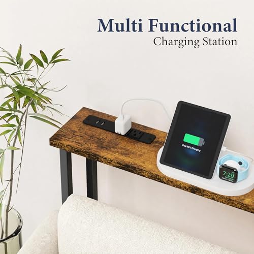 GRLEAF 39 Inch Narrow Sofa Table with Power Outlet, Extra Long Console Table Behind Couch Table with Charging Station, Skinny Entryway Table Thin Table for Living Room, Narrow Spaces (Rustic Brown)