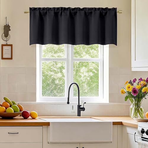 Simplebrand Black Valance for Windows, Short Blackout Curtains for Bathroom/Laundry/Basement Windows with Rod Pocket, Thermal Insulated Solid Curtain Valance, Each 60Wx18L Inches, 1 Piece - color: Black, size: 60"W x 18"L (Pack of 1)