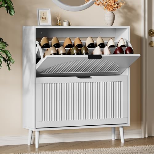 Xixini Shoe Storage Cabinet with 2 Flip Drawers, 36" Tall Narrow Wood Fluted Shoe Organizer for Entryway, Freestanding Wooden Hidden Slim Shoe Rack for Front Door Entrance, Hallway, Foyer, Solid White - color: Solid White, size: 2 Flip Drawers