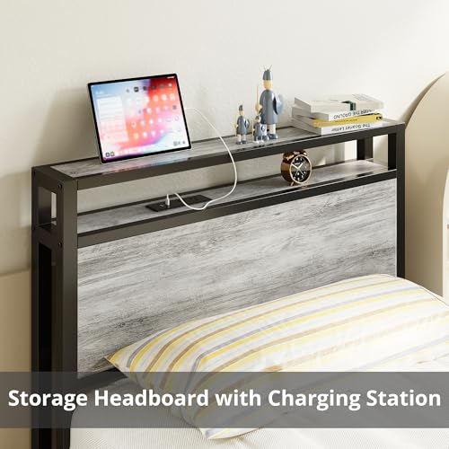 LIKIMIO Twin XL Bed Frames with Drawer and Charging Station, Industrial Gray - color: Industrial Gray, size: Twin XL