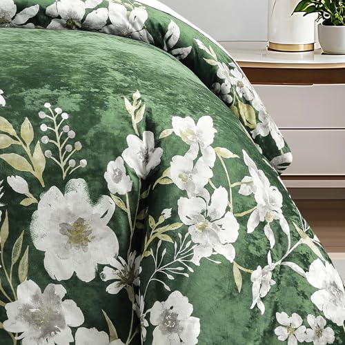 Sunshine Nicole Reversible Comforter Set, Printed Distressed Velvet Front and Sold Distressed Velvet Reverse, 3 Pieces Dark Green Queen, with Soft Polyester Fill - color: Dark Green, size: Queen