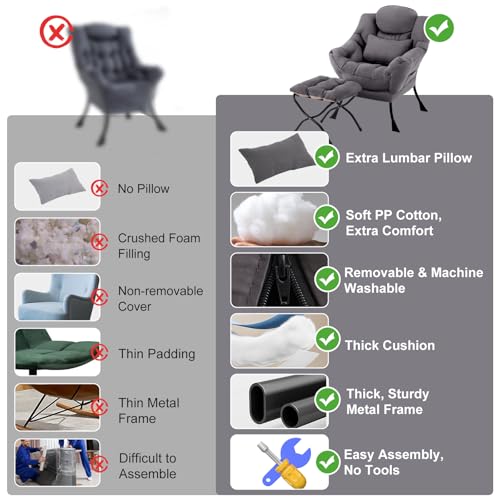 Lazy Chair with Ottoman, Reading Chair with Pillow，Dark Grey | Comfy Accent Lounge Chair with Pillow & folding Foot Stool, sturdy metal frame for bedroom, dorm or apartment, Living Room - color: Dark Grey