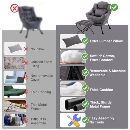 Lazy Chair with Ottoman, Reading Chair with Pillow，Dark Grey | Comfy Accent Lounge Chair with Pillow & folding Foot Stool, sturdy metal frame for bedroom, dorm or apartment, Living Room - color: Dark Grey