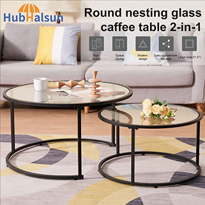 Modern Nesting Glass Coffee Table Set of 2, Round Tempered Glass Coffee Table for Living Room & Bedroom, Space-Saving Design with Adjustable Feet (Large Size + Black Frame) - color: Large Size + Black Frame