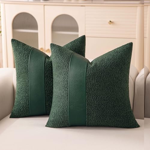 2 Packs Olive Green Decorative Boucle Pillow Covers 18x18 Inch Textured Faux Leather Cozy Throw Pillows for Couch, Soft Solid Boho Fluffy Accent Pillowcases for Bed Living Room Home DéCor - color: Olive Green