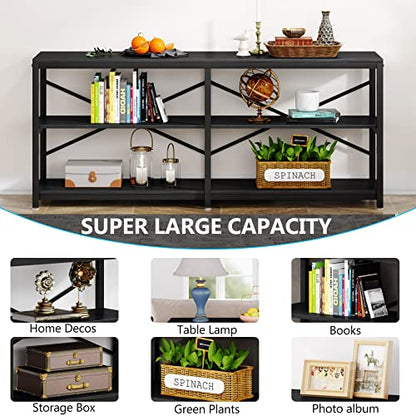 LITTLE TREE 70.9 Inch Long Console Sofa Table 3-Tier Industrial Sofa Table Behind Couch Table Hallway Entryway Table for Living Room, Black - color: Black