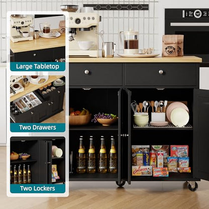 Shintenchi Kitchen Island with Drop Leaf, Rolling Kitchen Cart with Storage on Wheels, Table Bar Cart for Kitchen with Towel Rack & Seating Area for Dining Room, Black - color: Black and Natural
