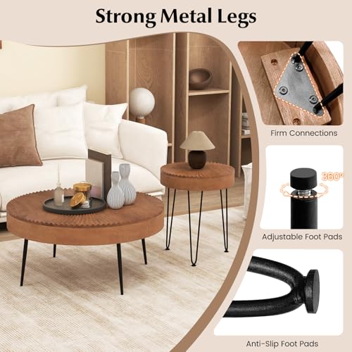 Giantex Boho Round Coffee Table Set of 2, Sofa Side Nesting Table with Solid Pine Wood Top, Metal Legs & Adjustable Foot Pads, 31.5" D Large Table Set for Living Room (Radial Pattern, Brown) - color: Brown, style: Radial Pattern