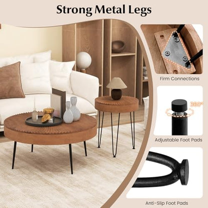 Giantex Boho Round Coffee Table Set of 2, Sofa Side Nesting Table with Solid Pine Wood Top, Metal Legs & Adjustable Foot Pads, 31.5" D Large Table Set for Living Room (Radial Pattern, Brown) - color: Brown, style: Radial Pattern