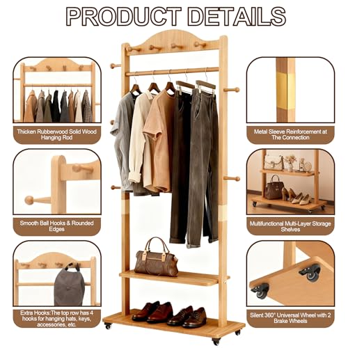 Natural Solid Wood Coat Rack Freestanding with Wheels - Heavy Duty Clothes Rack with 2 Storage Shelves & 9 Hooks, Wooden Coat Rack Stand Hat Hanger Rack for Bedroom Entryway Living Room Hotel - color: Wood