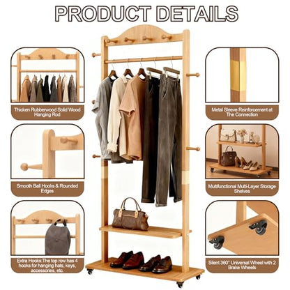 Natural Solid Wood Coat Rack Freestanding with Wheels - Heavy Duty Clothes Rack with 2 Storage Shelves & 9 Hooks, Wooden Coat Rack Stand Hat Hanger Rack for Bedroom Entryway Living Room Hotel - color: Wood
