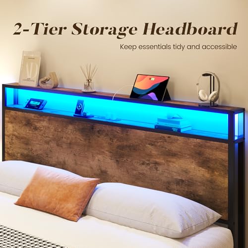 Lifezone Queen Bed Frame with 2-Tier Storage Headboard, Metal Platform Bed Frame with 4 Storage Drawers, Built in Charging Station & LED, Noise-Free/Metal Support/No Box Spring Needed,Rustic Brown
