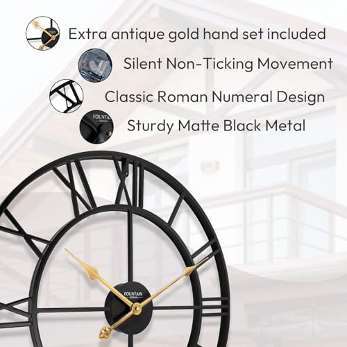 24 Inch Wall Clocks for Living Room Decor,Roman Numeral | Silent Non Ticking,Battery Operated,Durable Black Metal Wall Clock for Dinning Room, Entryway & Home Office - size: 24 Inch