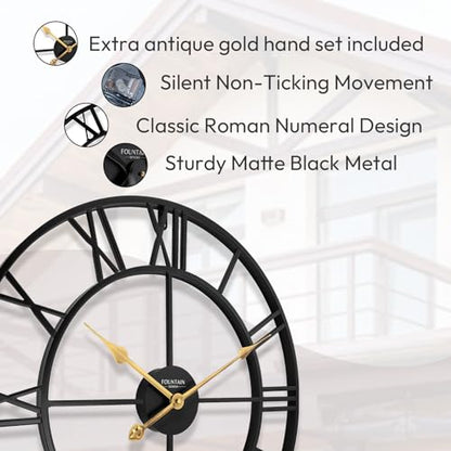 24 Inch Wall Clocks for Living Room Decor,Roman Numeral | Silent Non Ticking,Battery Operated,Durable Black Metal Wall Clock for Dinning Room, Entryway & Home Office - size: 24 Inch