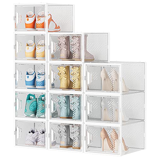 SIMPDIY XL Clear Shoe Storage Boxes, Stackable Shoe Organizer for Closet | 12 Pack, for Size 13, Magnetic Door, Aromatherapy Stick, Plastic, Shoe Rack for Closet, Entryways, Under-bed Storage - color: White