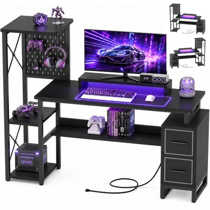 Computer Desk with 2 Fabric Drawers - Reversible Home Office Desk with Power Outlet & LED Lights, 53" Writing Desk with Monitor Stand & Storage Shelves, Gaming Desk Study Table with Pegboard, Black - color: Black