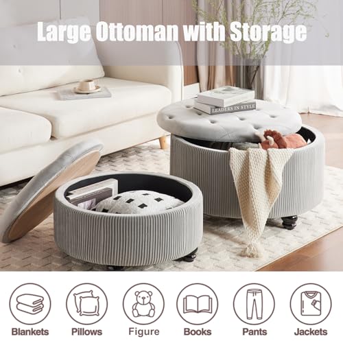 29'' & 24.5'' Round Storage Ottoman Coffee Table Set of 2, Light Gray | Ottoman with Storage, Removable Lid, Upholstered Footrest Stool for Living Room Bedroom, Easy Assembly, Velvet Ottomans - color: Large-light Grey