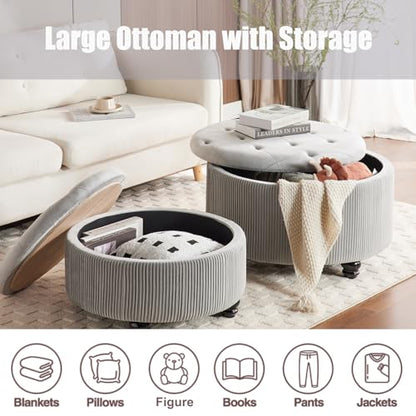 29'' & 24.5'' Round Storage Ottoman Coffee Table Set of 2, Light Gray | Ottoman with Storage, Removable Lid, Upholstered Footrest Stool for Living Room Bedroom, Easy Assembly, Velvet Ottomans - color: Large-light Grey