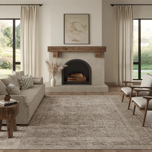 FMFUNCTEX 5x8 Washable Taupe Vintage Distressed Area Rug for Living Room | Non Slip Low Pile Soft Indoor Throw Carpet Distressed Farmhouse Traditional Retro Floral Pattern Dining Room Bedroom Nursery - color: Taupe, size: 5' x 8' (Rectangular)