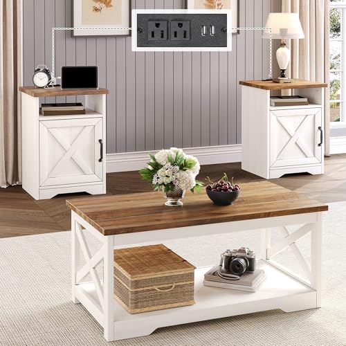 3 Piece Living Room Table Set with Barn Door, Distressed White | Includes Coffee Table and 2 End Tables, Charging Station &USB Ports, Rustic Farmhouse Style, Living Room Furniture Set - color: Distressed White