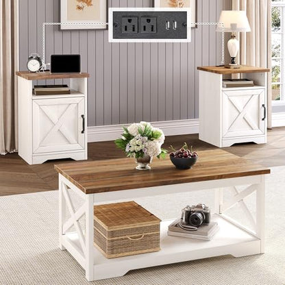 3 Piece Living Room Table Set with Barn Door, Distressed White | Includes Coffee Table and 2 End Tables, Charging Station &USB Ports, Rustic Farmhouse Style, Living Room Furniture Set - color: Distressed White
