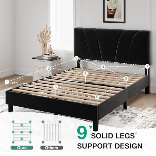 Novilla Queen Bed Frame, Queen Size Bed Frame with Wooden Slats Support, Velvet Upholstered Headboard, No Box Spring Needed, Heavy Duty Feet, Easy Assembly, Black Velvet - color: Black Velvet, size: Queen
