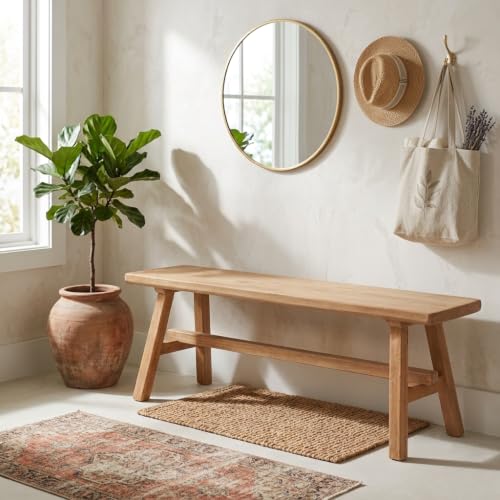 Solid Wood Bench, 55.2" Entryway Bench, Rustic Farmhouse Wooden Bench Indoor, Long Narrow Wood Bench for Dining Room, Hallway, Bedroom End of Bed, Living Room - size: 55.2in