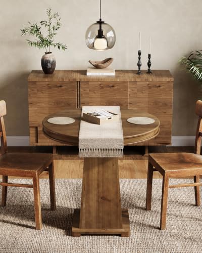 LITTLE TREE Solid Wood Round Dining Table, 31.5" Small Kitchen Table for 2, Modern Farmhouse Dinner Table for Dining Room, Kitchen, Living Room, Artistic Geometric Base, Table Only (Warm Walnut Brown) - color: Warm Walnut Brown