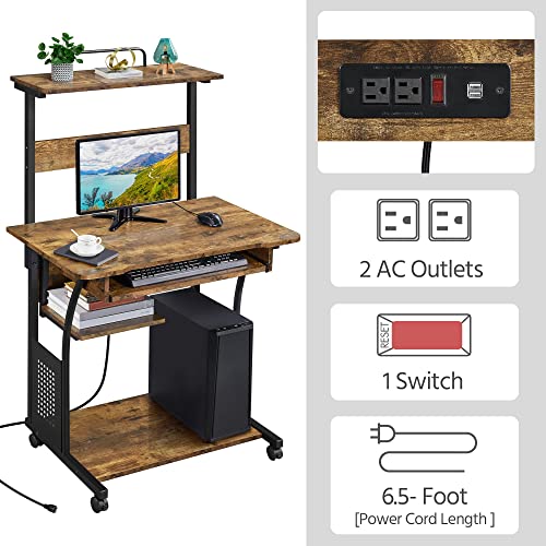 Yaheetech Small 3-Tier Rolling Computer Desk, Power Outlet, Rustic Brown | Engineered wood tiers and metal frame suit small spaces, holding a monitor, printer, and keyboard tray by a built-in outlet. - color: Rustic Brown