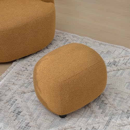 KINWELL Round Boucle Upholstered Ottoman Chair Padded Seat Footstool, Brown | Easy Assembled Modern Soft Sofa Couch Loveseat Chair Footrest, Extra Seating for Bedroom Entryway, 18.5" D x 23" W x 16.5" H - color: Brown