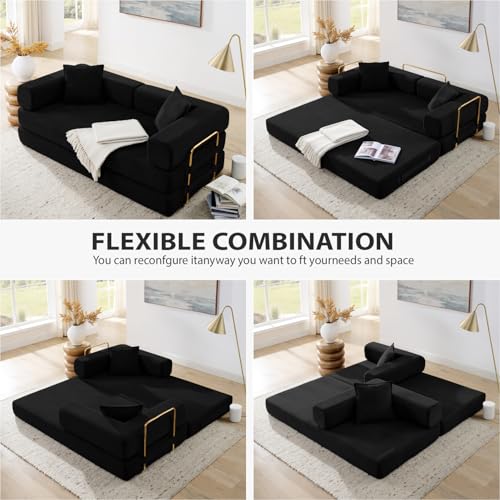 HANXIN 78 Inch Convertible Sleeper Sofa Bed, Folding Floor Mattress Couch with Fixed-Shape Frame, Futon Boneless Couch Lounge Loveseat with Pull Out Bed, No Assembly Required (Black) - color: Black, size: 78" Loveseat Sofa Bed