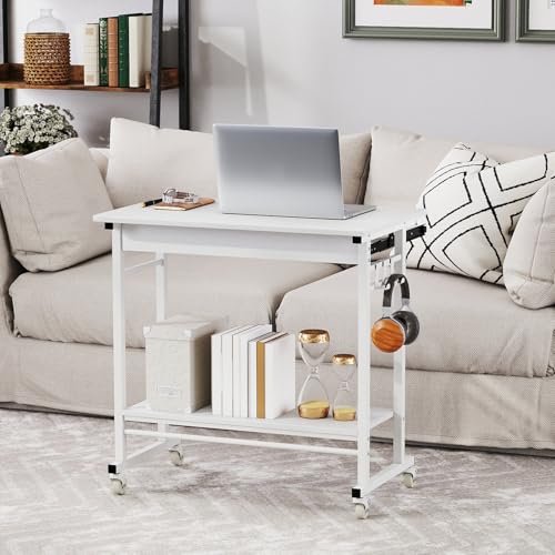Tangkula Rolling Computer Desk Cart with Keyboard Tray, Mobile Portable Laptop PC Desk with CPU Stand & 3 Hooks for Sofa & Bed, Compact Small Desk on Wheels for Small Spaces (White) - color: White