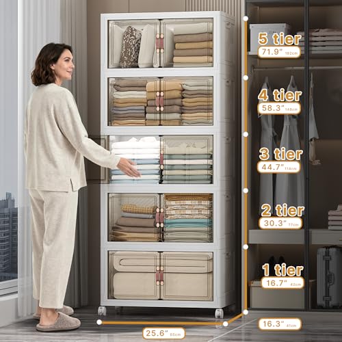 Stackable Storage Bins, 560QT Collapsible Drawers with 1 Lid | Large Capacity, Magnetic Door, Stack Lock, Rolling Wheels, Foldable Design, Organizers and Storage for Bedroom Dorm Garage - color: White-112qt, size: 5Pack with 1 top lid