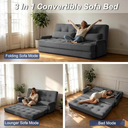 Futon Sofa Bed,Convertible Sofa Bed,Folding Boneless Couches | 3-in-1 Folding Sofa Bed,Boneless Couches for Living Room with Pillow & Side Pocket,High-density Foam,Double Sleeper,Grey - color: Dark Grey, size: Full
