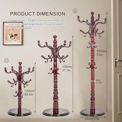 Wooden Coat Rack Freestanding with 18 Hooks, Adjustable Height Coat Tree Free Standing Heavy Duty for Entryway, Easy Assembly Solid Wood Sturdy Coat Hats Hanger Stand for Office Hallway Bedroom - color: Redwood-Resin Hook