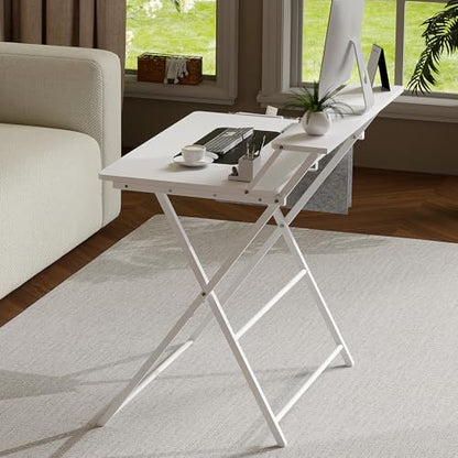 Small Desk No Assembly,31.5Inch 2-Tier Compact Computer Desk with Shelf & Side Pocket,Space Saving Foldable Table for Home Office, Bedroom or Apartment,Portable Collapsible Sturdy Laptop Desk,White - color: White