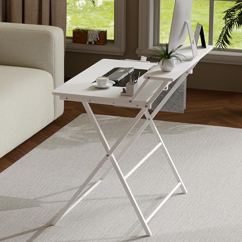 Small Desk No Assembly,31.5Inch 2-Tier Compact Computer Desk with Shelf & Side Pocket,Space Saving Foldable Table for Home Office, Bedroom or Apartment,Portable Collapsible Sturdy Laptop Desk,White - color: White