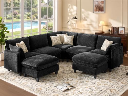 Ihanherry 107" Oversized V-Shaped Modular Sectional Sofa, Cloud Couch with Corner Section, Large Cushions and 2 Movable Ottoman, Chenille Deep Seat Couch for Living Room, Black - color: Black, size: 107” 7 Seat V Sofa