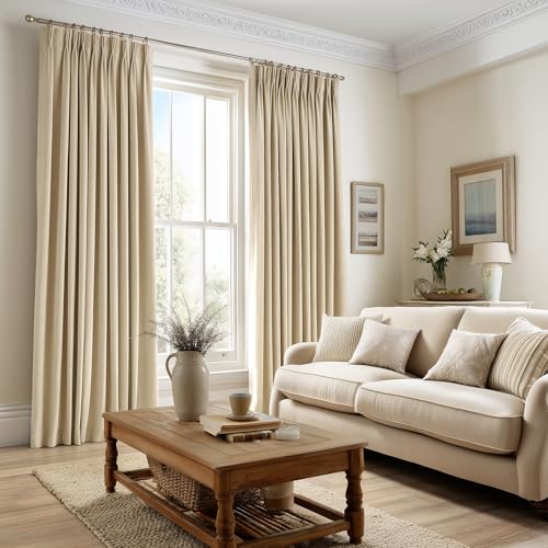 92 Inch Long Velvet Pinch Pleated Curtains 2 Panels Neutral Beige White Viral Famous Room Darkening Blackout Drapes with Hooks and Back Tab Room Divider Privacy Window Treatment 40"X92" - color: Beige, size: 40"W x 92"L (Pack of 2)